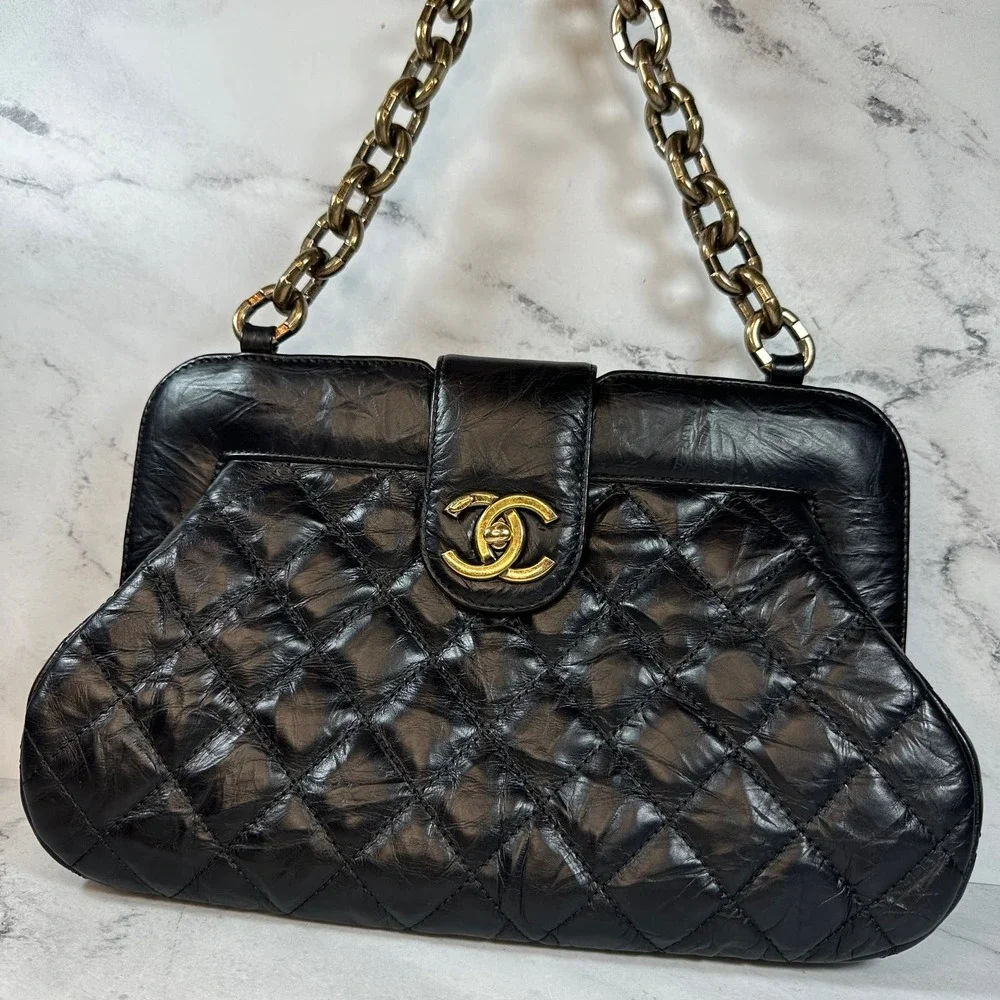 Chanel Frame Shoulder Bag CC Distressed Quilted Leather Black/Gold Thick Chain